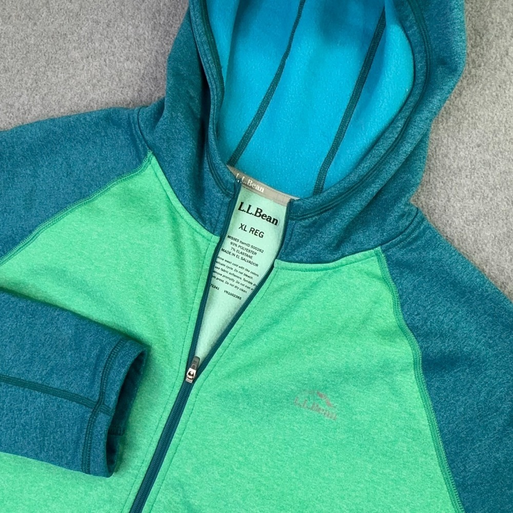 LL Bean Performance Hoodie Jacket Women's XL Green Blue Colorblock Full Zip Logo
